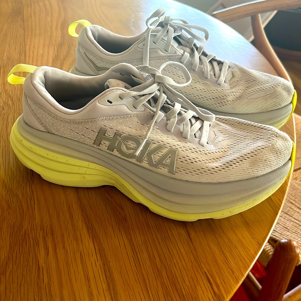 HOKA running shoes! Womens 8.5, Bondi 8 - Worn twice. White/light grey/Citrus